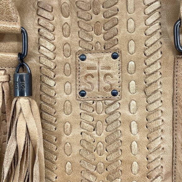 STS Ranch Large Bovine Leather Cowhide Satchel Tote Tassel Brown Double Handle - Picture 4 of 12